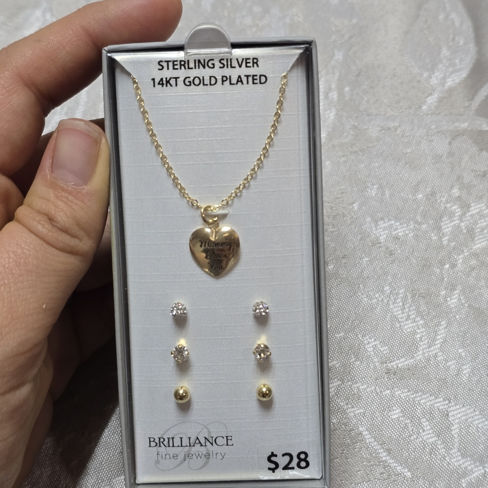 Sterling Silver 14K Gold Plated Girls Mommy Necklace Earrings Valentines Love - Picture 4 of 6